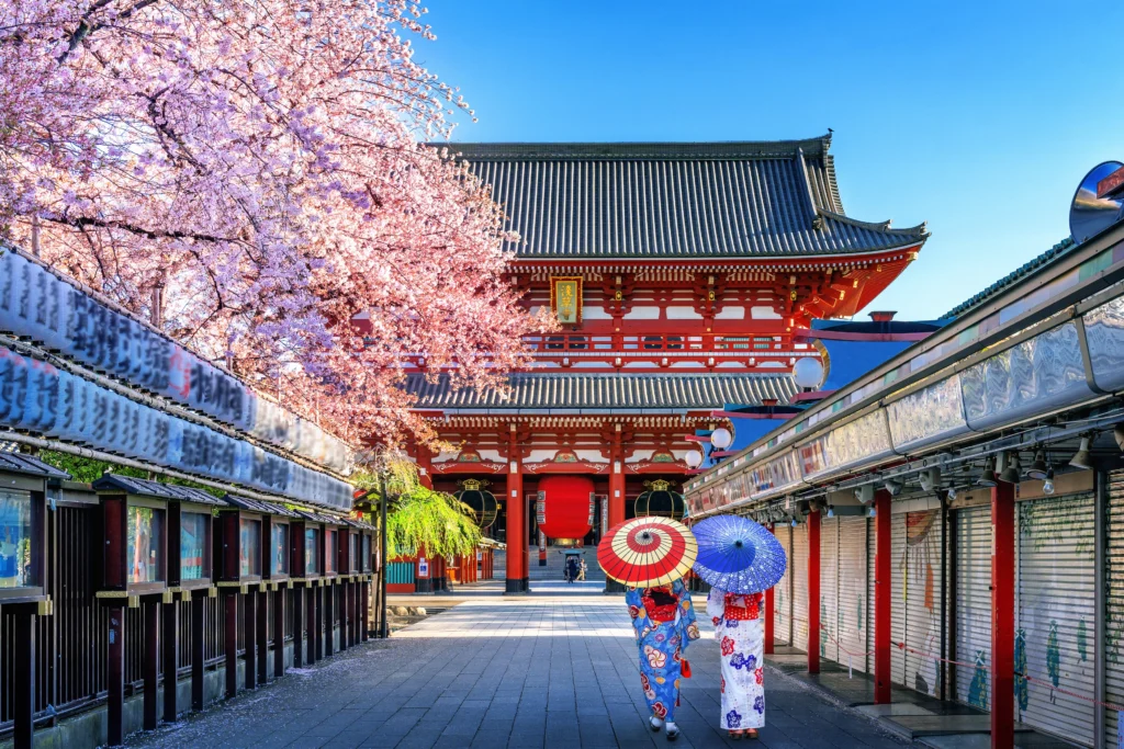 Woman wearing a traditional kimono at a temple in Tokyo, Japan