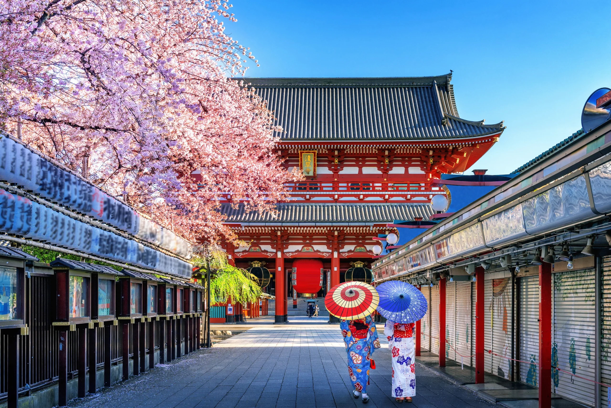 Woman wearing a traditional kimono at a temple in Tokyo, Japan