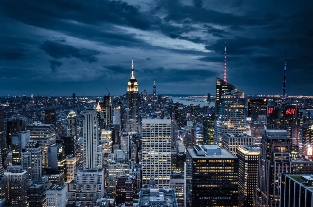 Aerial night view of New York City